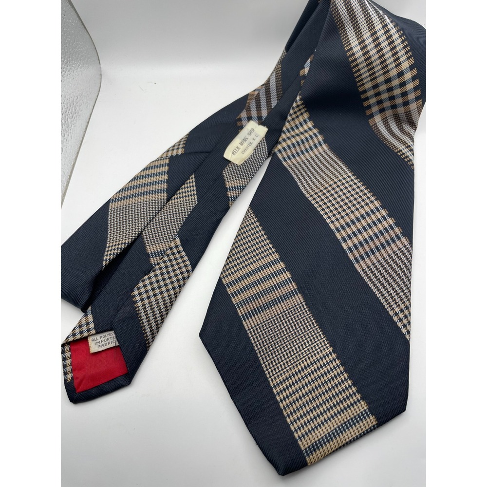 Gentry Beau Brummell Navy Blue Tan Plaid Striped Vintage Wide Necktie 4 Inch